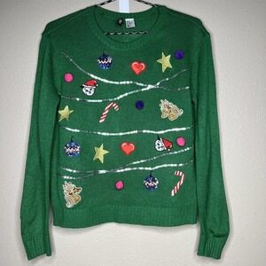 Divided By H&M Green Embroidered Sequined Long Sleeve Ugly Christmas Sweater